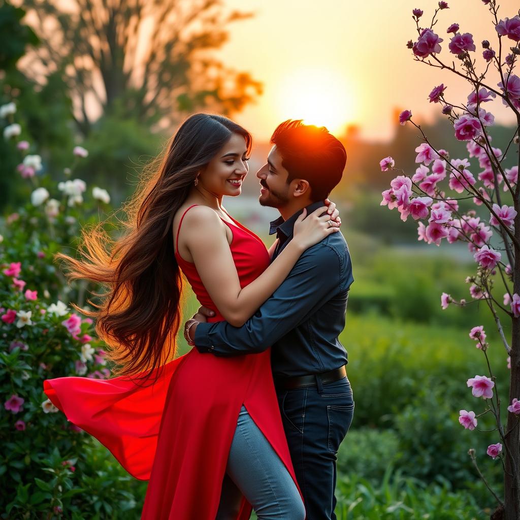 A romantic scene featuring a couple named Kushbo and Aman, embracing in a beautiful outdoor setting