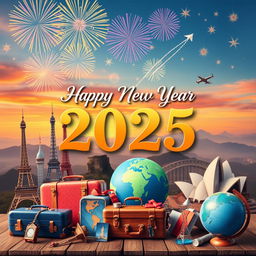 A beautiful travel-themed New Year's wish card for 2025, featuring iconic landmarks from around the world such as the Eiffel Tower, Great Wall of China, and Sydney Opera House