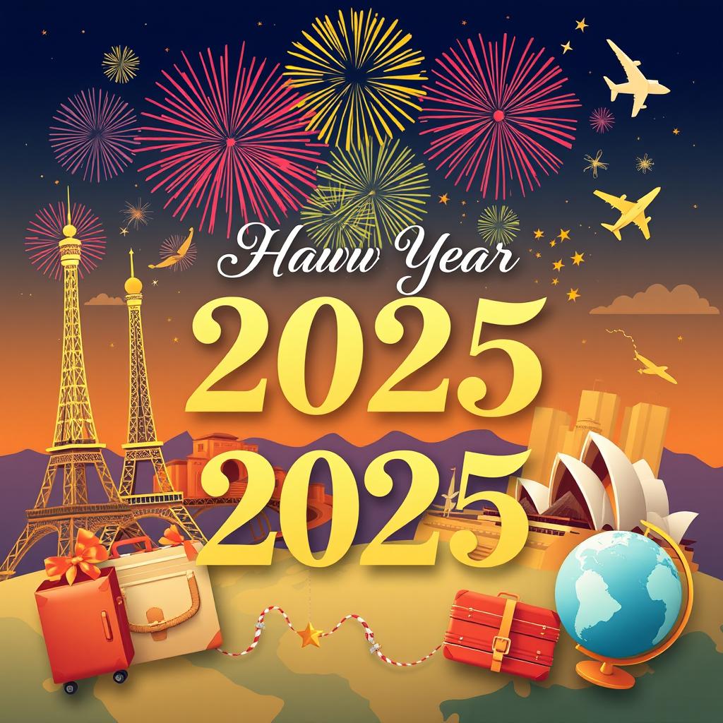 A beautiful travel-themed New Year's wish card for 2025, featuring iconic landmarks from around the world such as the Eiffel Tower, Great Wall of China, and Sydney Opera House