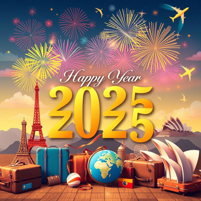 A beautiful travel-themed New Year's wish card for 2025, featuring iconic landmarks from around the world such as the Eiffel Tower, Great Wall of China, and Sydney Opera House