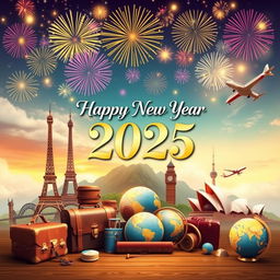 A beautiful travel-themed New Year's wish card for 2025, featuring iconic landmarks from around the world such as the Eiffel Tower, Great Wall of China, and Sydney Opera House