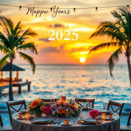 A stunning celebration of New Year's 2025, with a vibrant Maldivian sunset in the background