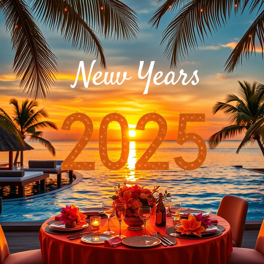 A stunning celebration of New Year's 2025, with a vibrant Maldivian sunset in the background