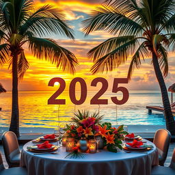 A stunning celebration of New Year's 2025, with a vibrant Maldivian sunset in the background