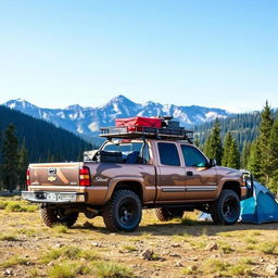 A rugged 2002 Chevrolet Silverado 1500HD transformed into a striking overlander vehicle, equipped with an impressive roof rack, off-road tires, and a custom paint job featuring earthy tones