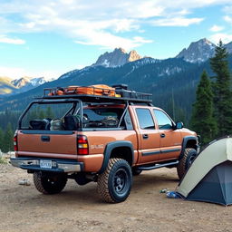 A rugged 2002 Chevrolet Silverado 1500HD transformed into a striking overlander vehicle, equipped with an impressive roof rack, off-road tires, and a custom paint job featuring earthy tones