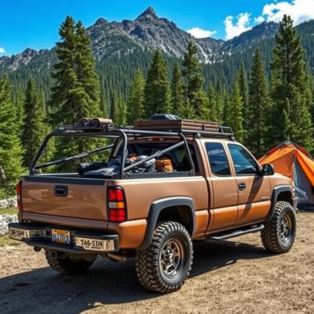A rugged 2002 Chevrolet Silverado 1500HD transformed into a striking overlander vehicle, equipped with an impressive roof rack, off-road tires, and a custom paint job featuring earthy tones