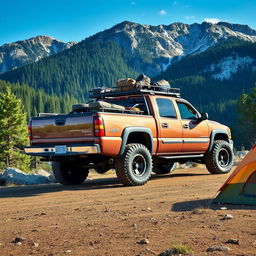 A rugged 2002 Chevrolet Silverado 1500HD transformed into a striking overlander vehicle, equipped with an impressive roof rack, off-road tires, and a custom paint job featuring earthy tones