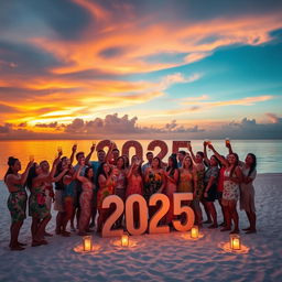 A joyful New Year celebration for 2025, set on a beautiful Maldivian beach at sunset