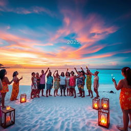 A joyful New Year celebration for 2025, set on a beautiful Maldivian beach at sunset