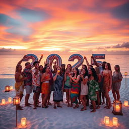 A joyful New Year celebration for 2025, set on a beautiful Maldivian beach at sunset