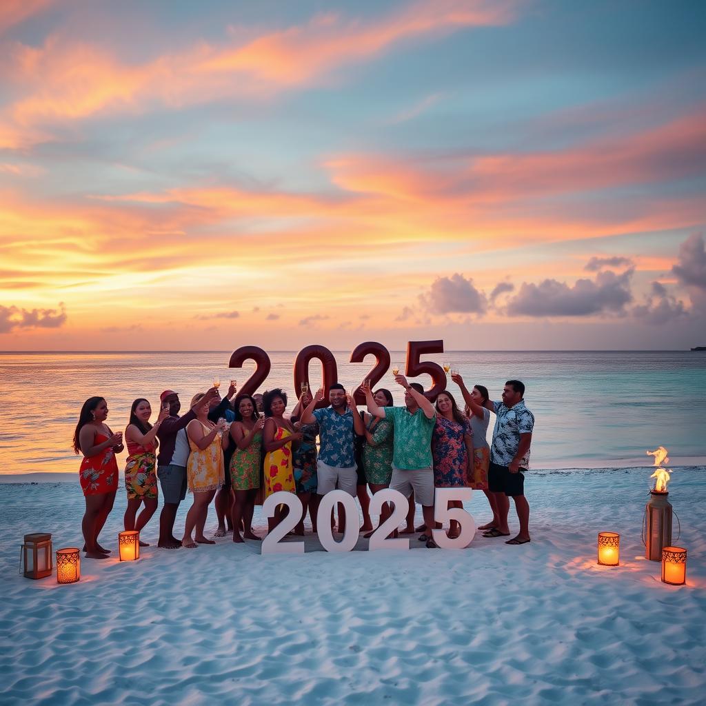 A joyful New Year celebration for 2025, set on a beautiful Maldivian beach at sunset