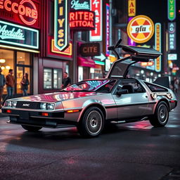 A silver chrome DeLorean car with its iconic gull-wing doors open, showcasing a sleek and polished exterior