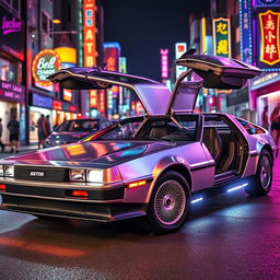 A silver chrome DeLorean car with its iconic gull-wing doors open, showcasing a sleek and polished exterior