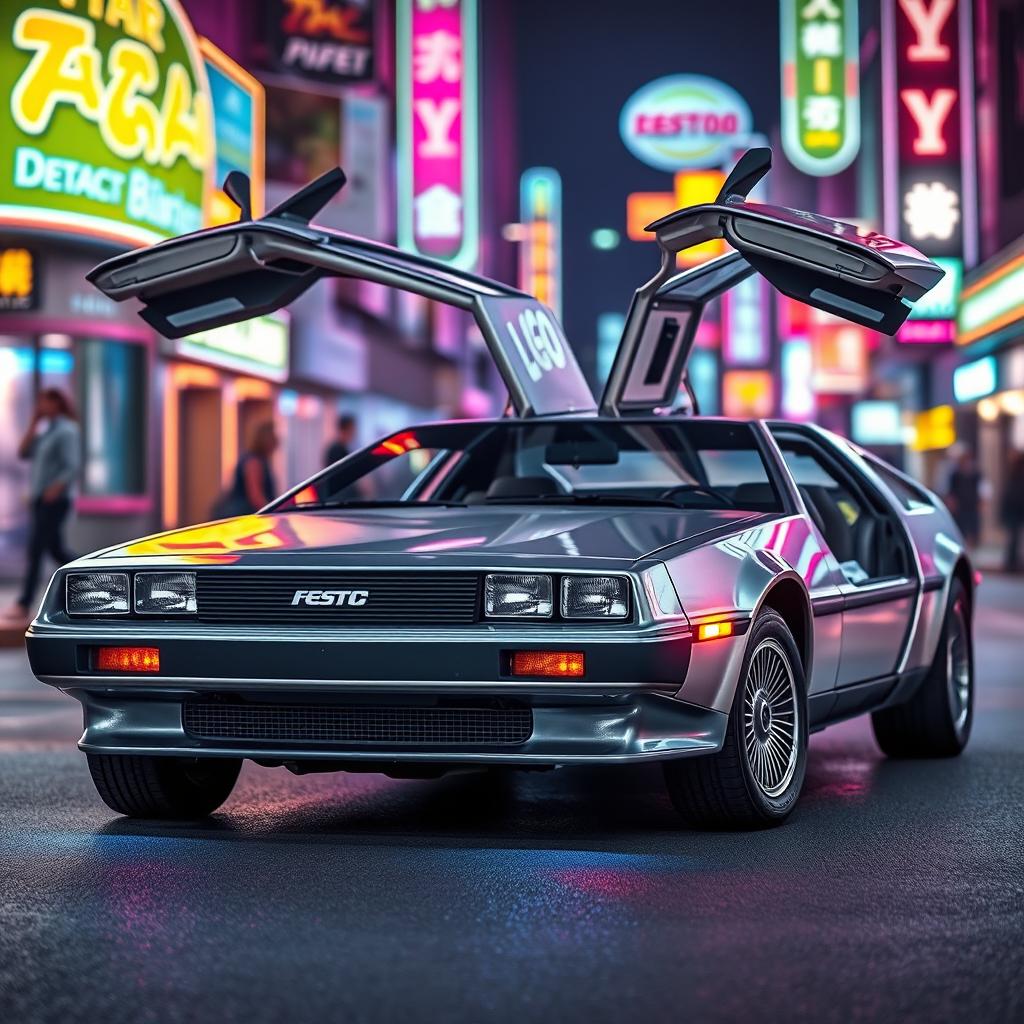 A silver chrome DeLorean car with its iconic gull-wing doors open, showcasing a sleek and polished exterior