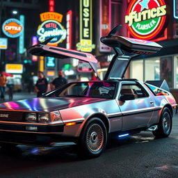A silver chrome DeLorean car with its iconic gull-wing doors open, showcasing a sleek and polished exterior