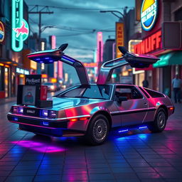 A silver chrome DeLorean car with its iconic gull-wing doors open, styled entirely in a retro aesthetic