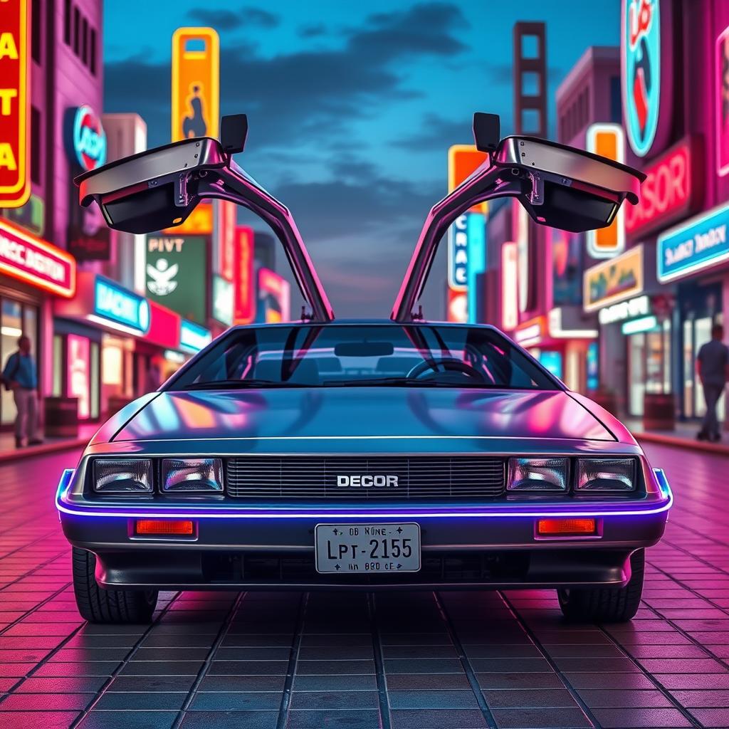 A silver chrome DeLorean car with its iconic gull-wing doors open, styled entirely in a retro aesthetic