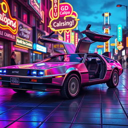 A silver chrome DeLorean car with its iconic gull-wing doors open, styled entirely in a retro aesthetic