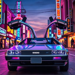 A silver chrome DeLorean car with its iconic gull-wing doors open, styled entirely in a retro aesthetic