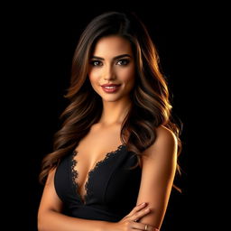 An elegant portrait of a confident woman in a chic outfit, posing with a soft smile