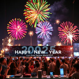 A vibrant New Year 2025 celebration scene featuring colorful fireworks in the night sky
