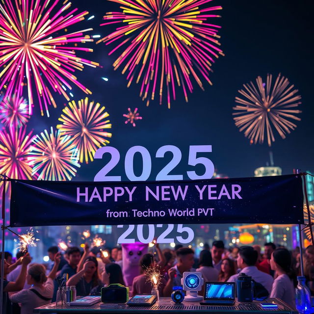 A vibrant New Year 2025 celebration scene featuring colorful fireworks in the night sky