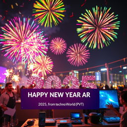 A vibrant New Year 2025 celebration scene featuring colorful fireworks in the night sky