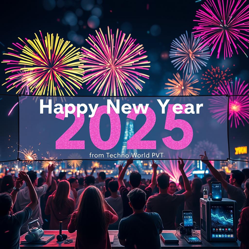 A vibrant New Year 2025 celebration scene featuring colorful fireworks in the night sky