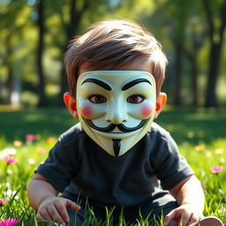 A realistic 3D image of a small child wearing an Anonymous mask, with playful and curious expression