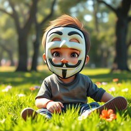 A realistic 3D image of a small child wearing an Anonymous mask, with playful and curious expression