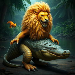 A striking hybrid creature combining a lion and a crocodile, featuring the majestic lion's golden mane and powerful feline characteristics blended with the tough, scaly texture of a crocodile's body