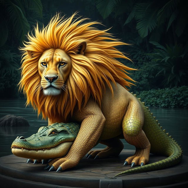 A striking hybrid creature combining a lion and a crocodile, featuring the majestic lion's golden mane and powerful feline characteristics blended with the tough, scaly texture of a crocodile's body