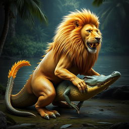 A striking hybrid creature combining a lion and a crocodile, featuring the majestic lion's golden mane and powerful feline characteristics blended with the tough, scaly texture of a crocodile's body