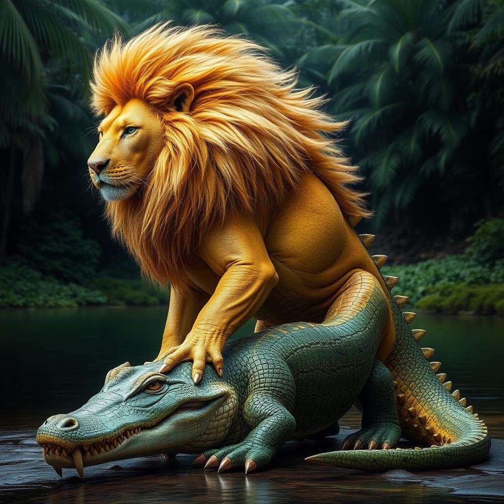 A striking hybrid creature combining a lion and a crocodile, featuring the majestic lion's golden mane and powerful feline characteristics blended with the tough, scaly texture of a crocodile's body