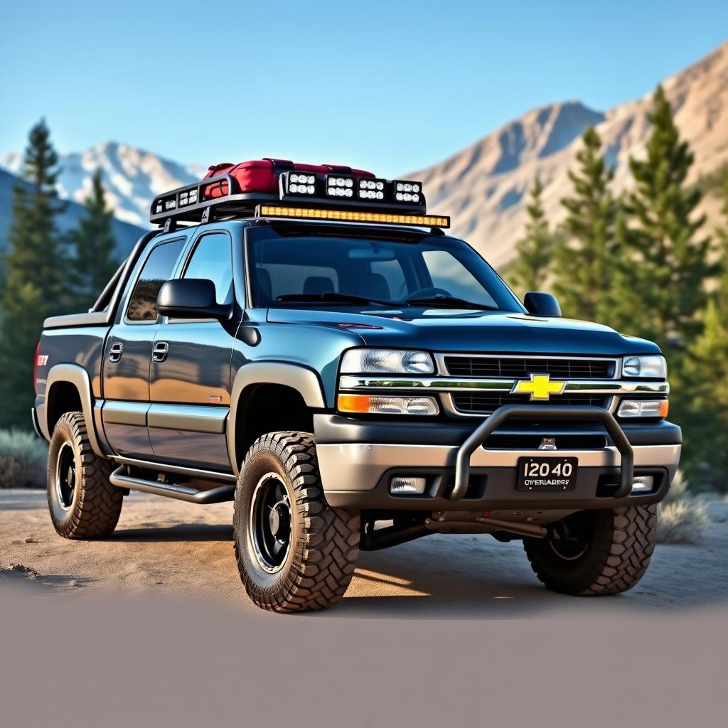 A 2002 Chevrolet Silverado 1500HD Overlander in a front isometric view, showcasing its rugged design and off-road capabilities