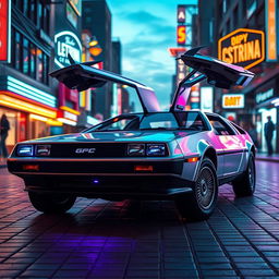 A silver chrome DeLorean car with its iconic gull-wing doors open, styled entirely in a retro aesthetic and equipped with striking blue headlights