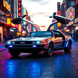 A silver chrome DeLorean car with its iconic gull-wing doors open, styled entirely in a retro aesthetic and equipped with striking blue headlights