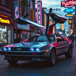 A silver chrome DeLorean car with its iconic gull-wing doors open, styled entirely in a retro aesthetic and equipped with striking blue headlights