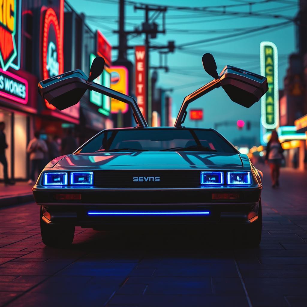A silver chrome DeLorean car with its iconic gull-wing doors open, styled entirely in a retro aesthetic and equipped with striking blue headlights