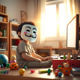 A realistic 3D image of a small child wearing an Anonymous mask, sitting in front of a computer in a brightly lit room