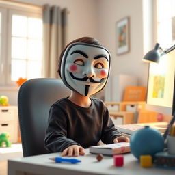 A realistic 3D image of a small child wearing an Anonymous mask, sitting in front of a computer in a brightly lit room