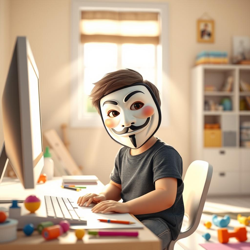 A realistic 3D image of a small child wearing an Anonymous mask, sitting in front of a computer in a brightly lit room