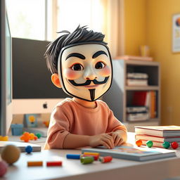 A realistic 3D image of a small child wearing an Anonymous mask, sitting in front of a computer in a brightly lit room