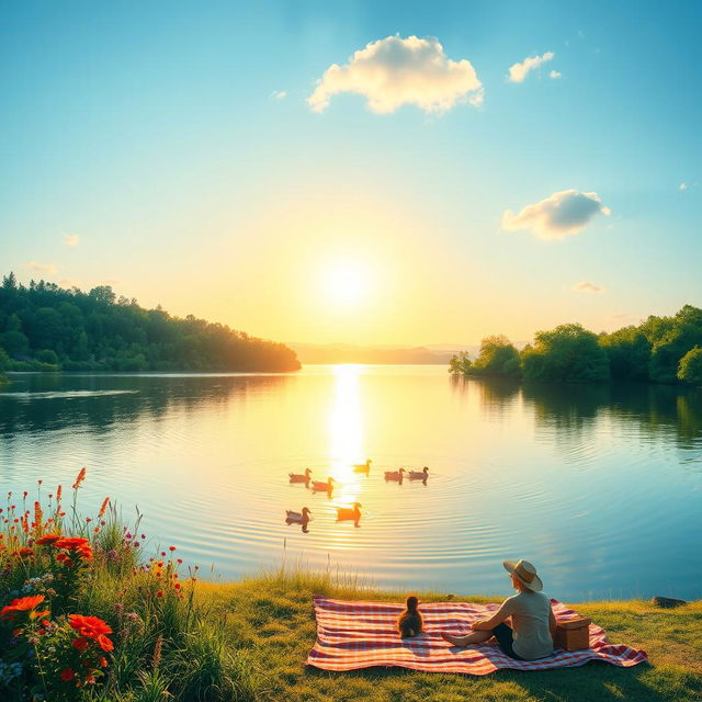 A serene landscape featuring a tranquil lake surrounded by lush greenery and colorful wildflowers under a clear blue sky