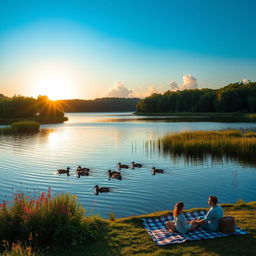 A serene landscape featuring a tranquil lake surrounded by lush greenery and colorful wildflowers under a clear blue sky