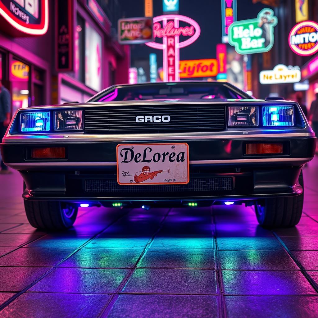 A silver chrome DeLorean car with a highly polished exterior, featuring blue headlights that emit a bright, retro-futuristic glow