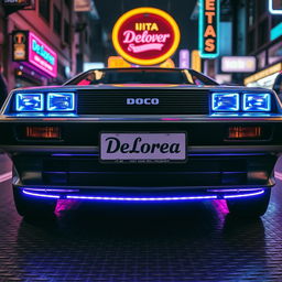 A silver chrome DeLorean car with a highly polished exterior, featuring blue headlights that emit a bright, retro-futuristic glow