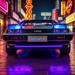 A silver chrome DeLorean car with a highly polished exterior, featuring blue headlights that emit a bright, retro-futuristic glow