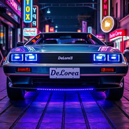 A silver chrome DeLorean car with a highly polished exterior, featuring blue headlights that emit a bright, retro-futuristic glow